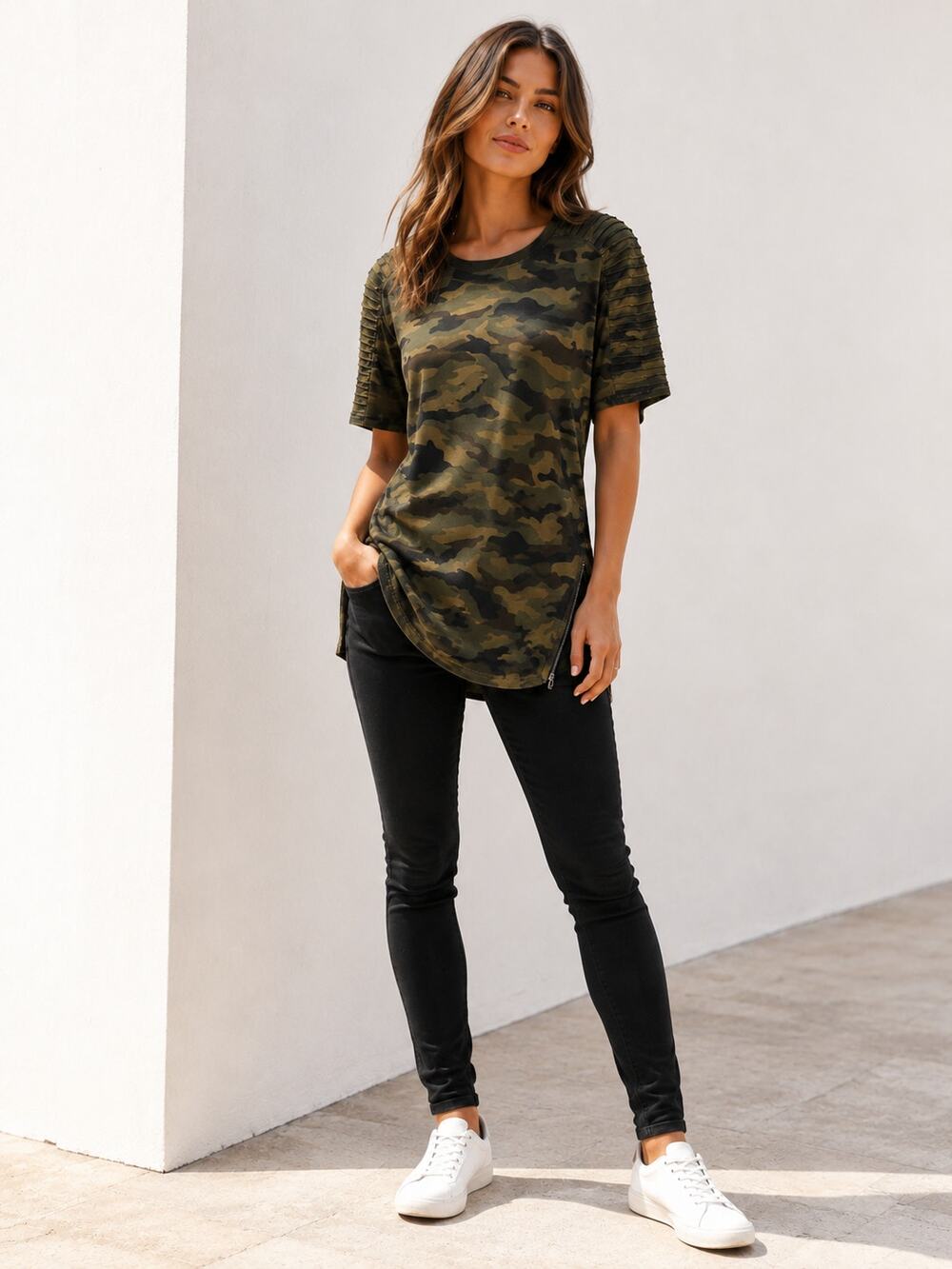 Brooklyn Cloth Camo Long Moto Top with Zipper Sides Size XL